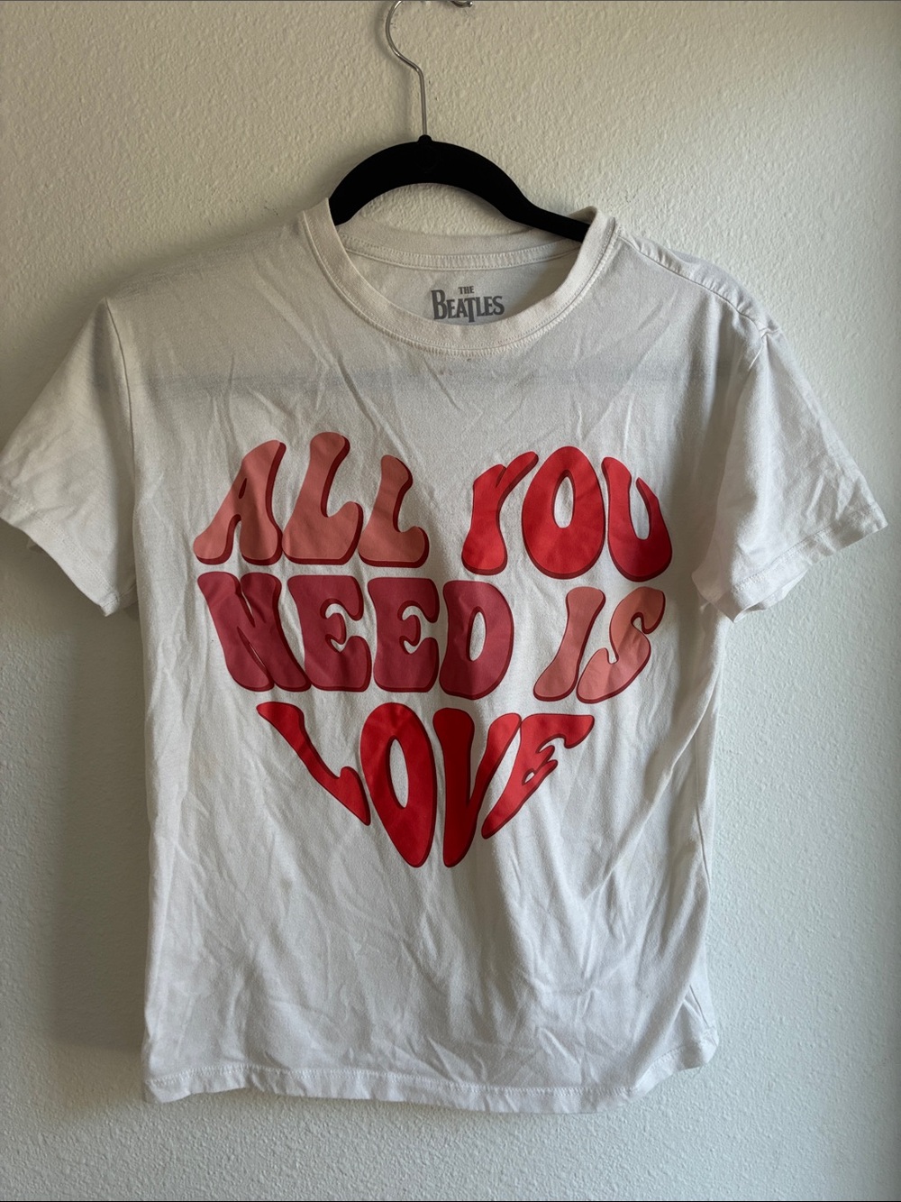 The Beatles White Tee with Red Heart-Shaped Lettering
